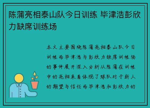 陈蒲亮相泰山队今日训练 毕津浩彭欣力缺席训练场