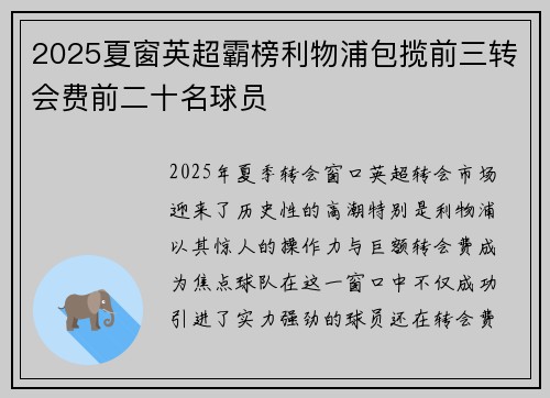 2025夏窗英超霸榜利物浦包揽前三转会费前二十名球员