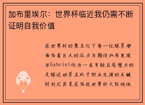 加布里埃尔：世界杯临近我仍需不断证明自我价值